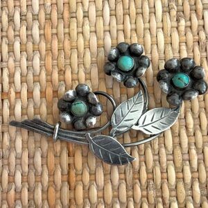 Vintage Floral Sterling Silver and Turquoise Brooch